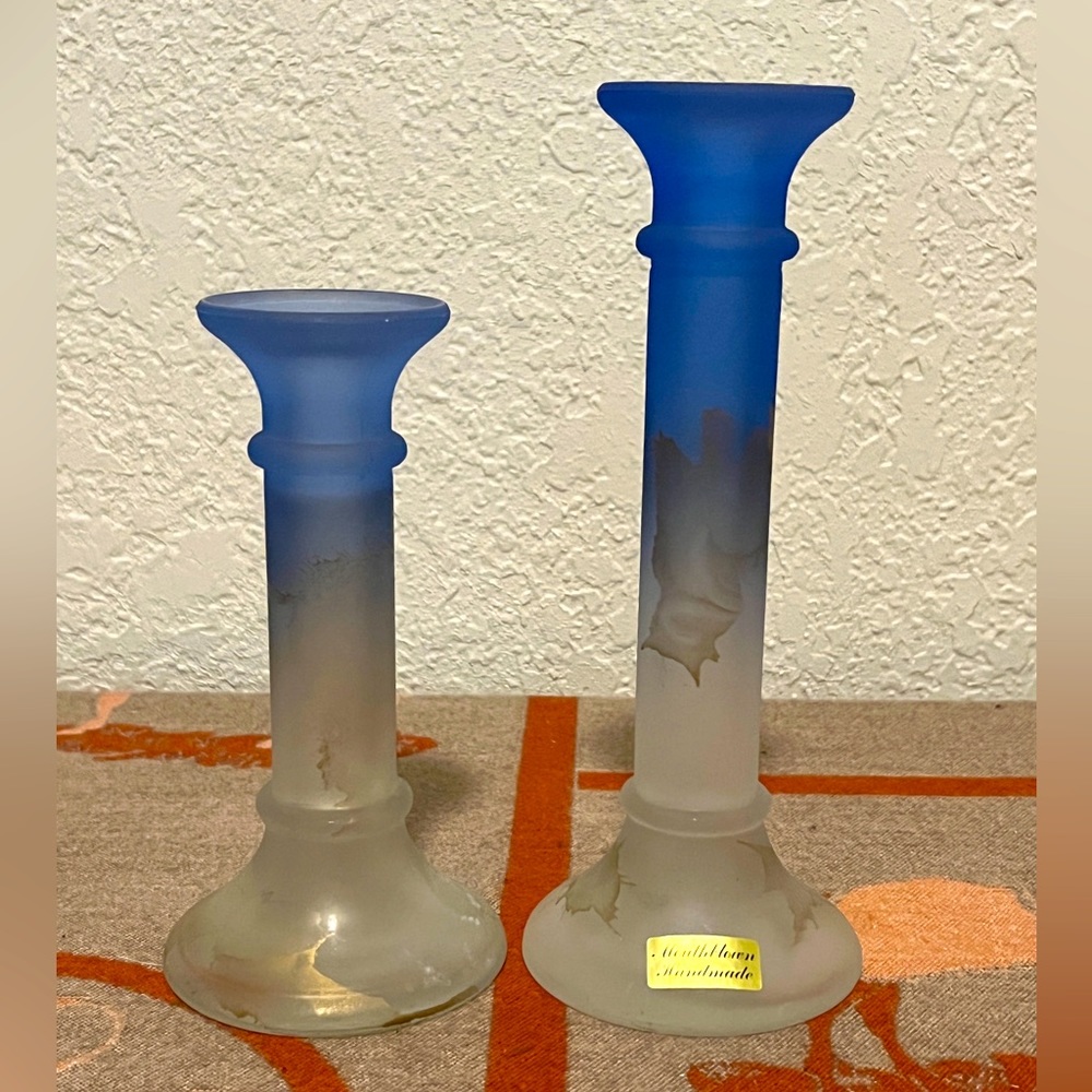 Pair of vintage candlesticks in translucent blue color. Handmade In Germany